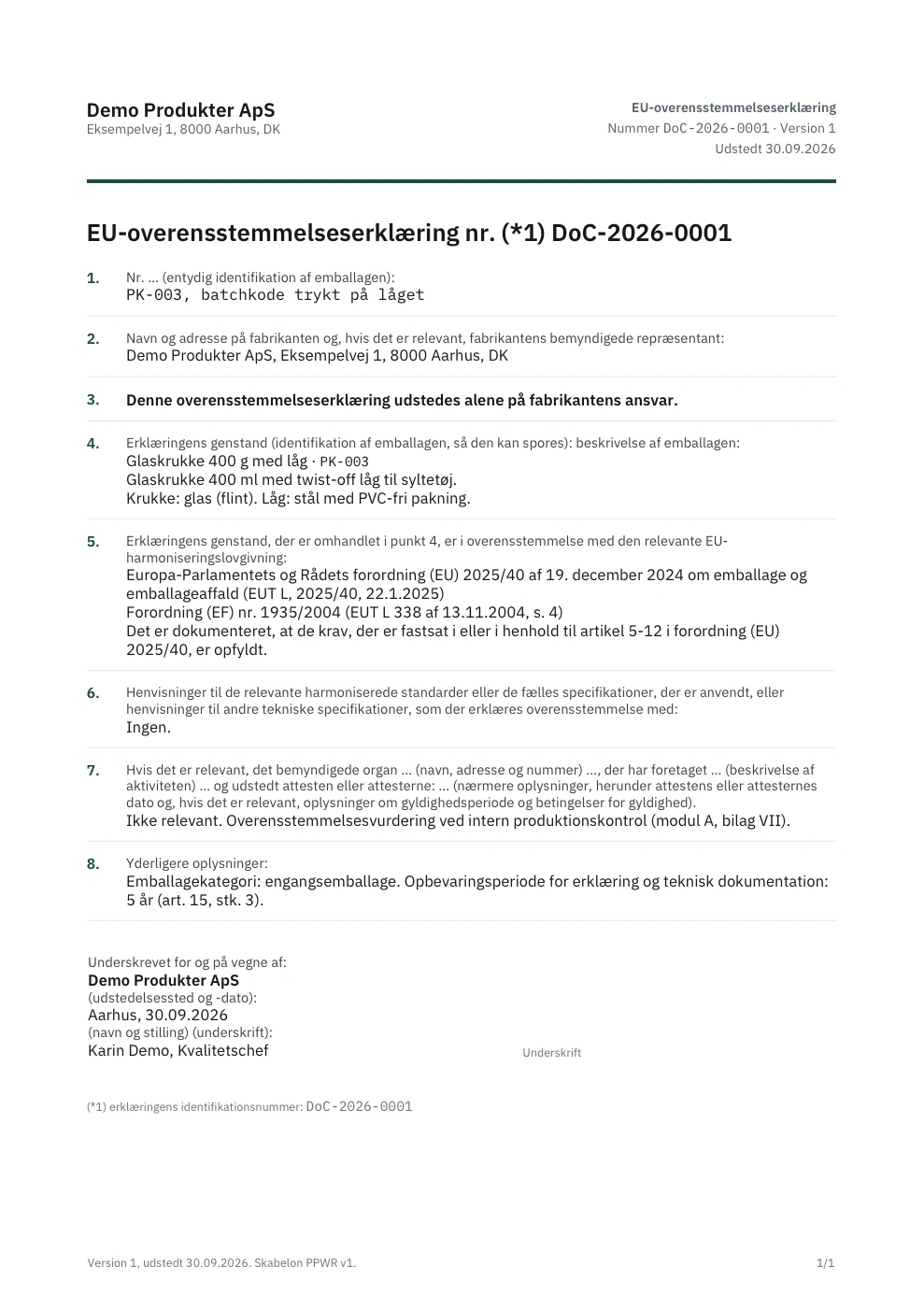 Side 1 af en EU-overensstemmelseserklæring udstedt i systemet. Demodata.