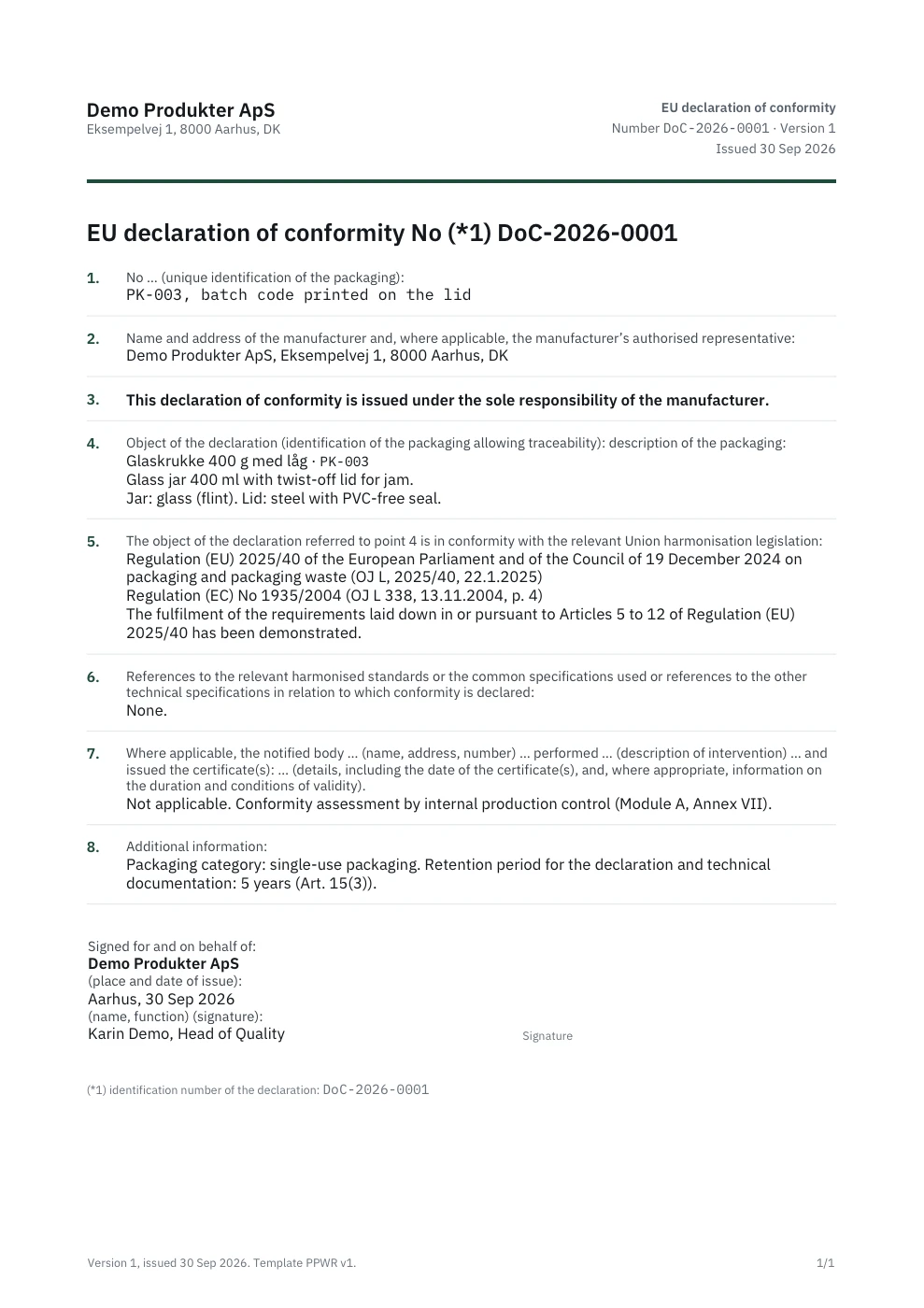 Page 1 of an EU declaration of conformity issued in the system. Demo data.