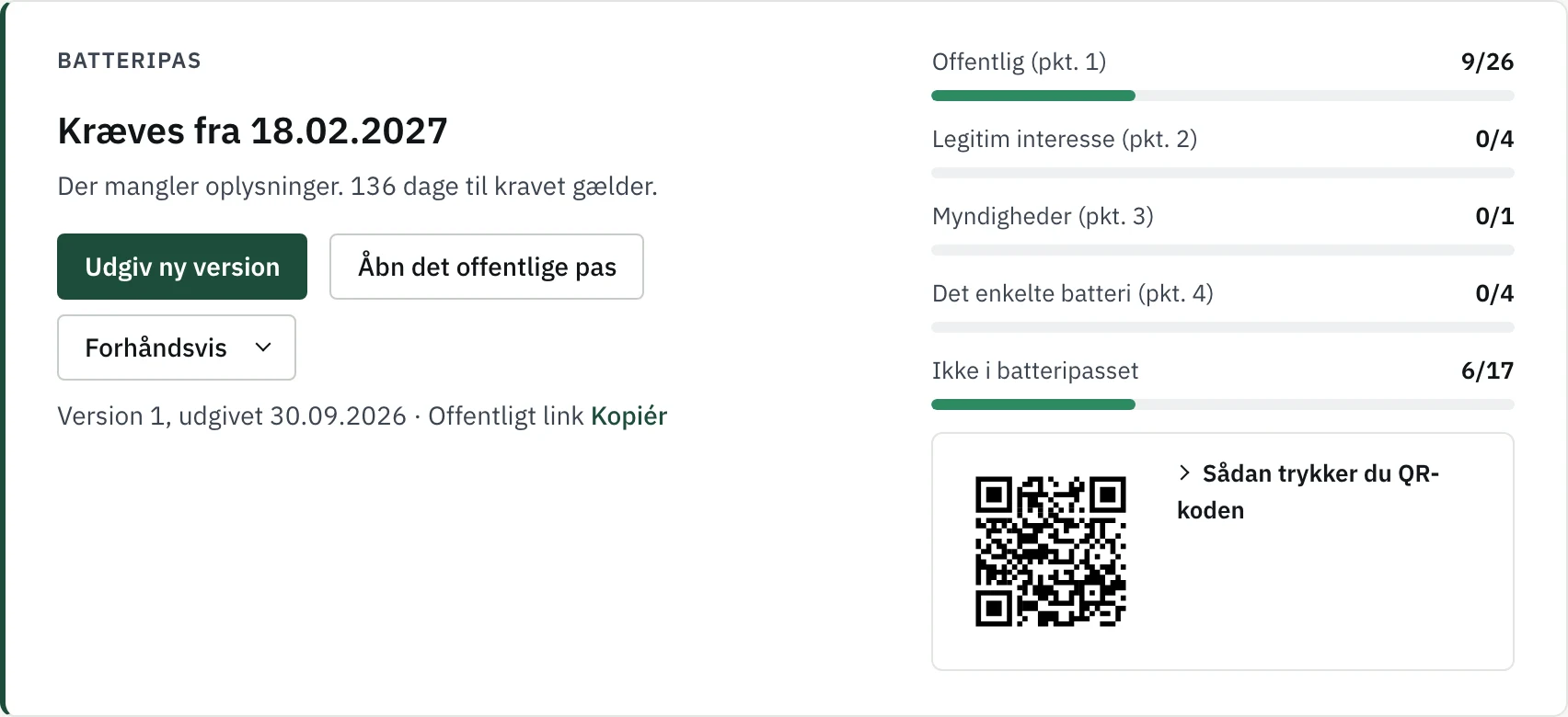 Status for batteripasset for en batterimodel. Demodata.