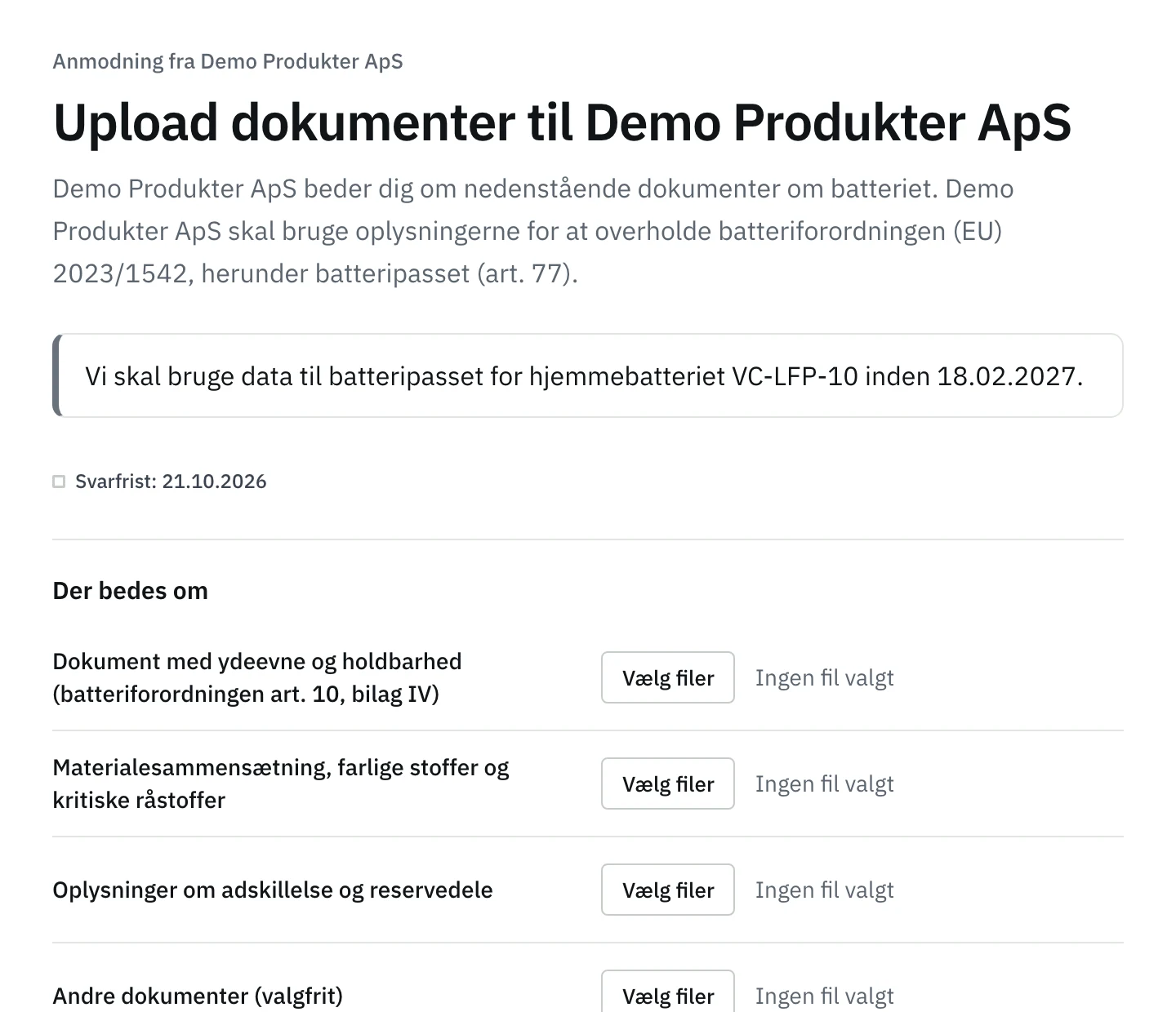 Leverandørportalen, som batterileverandøren ser den. Demodata.