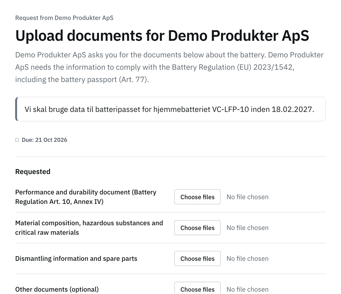 The supplier portal as the battery supplier sees it. Demo data.