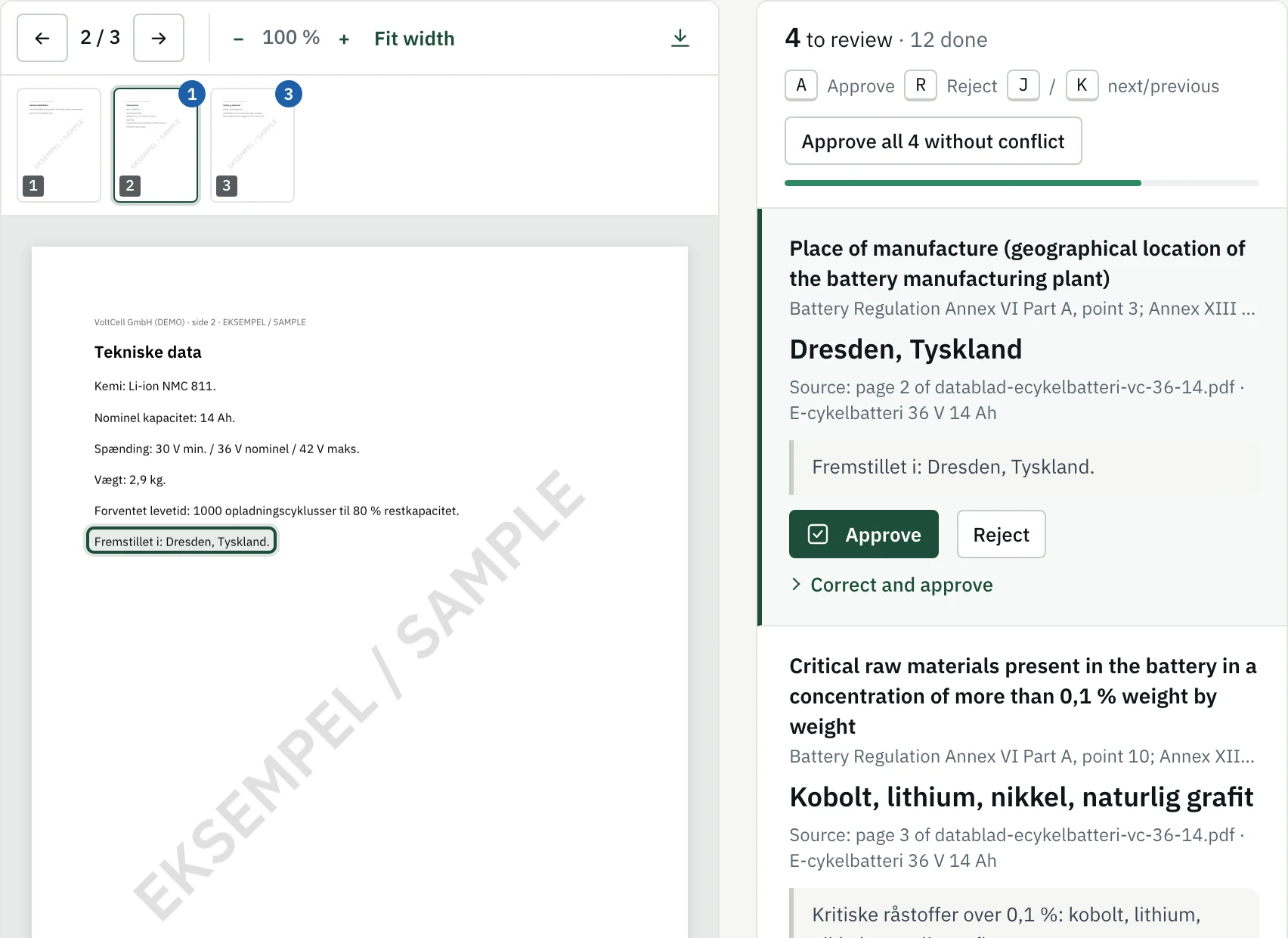 Data sheet for an e-bike battery with the values found marked. Demo data.