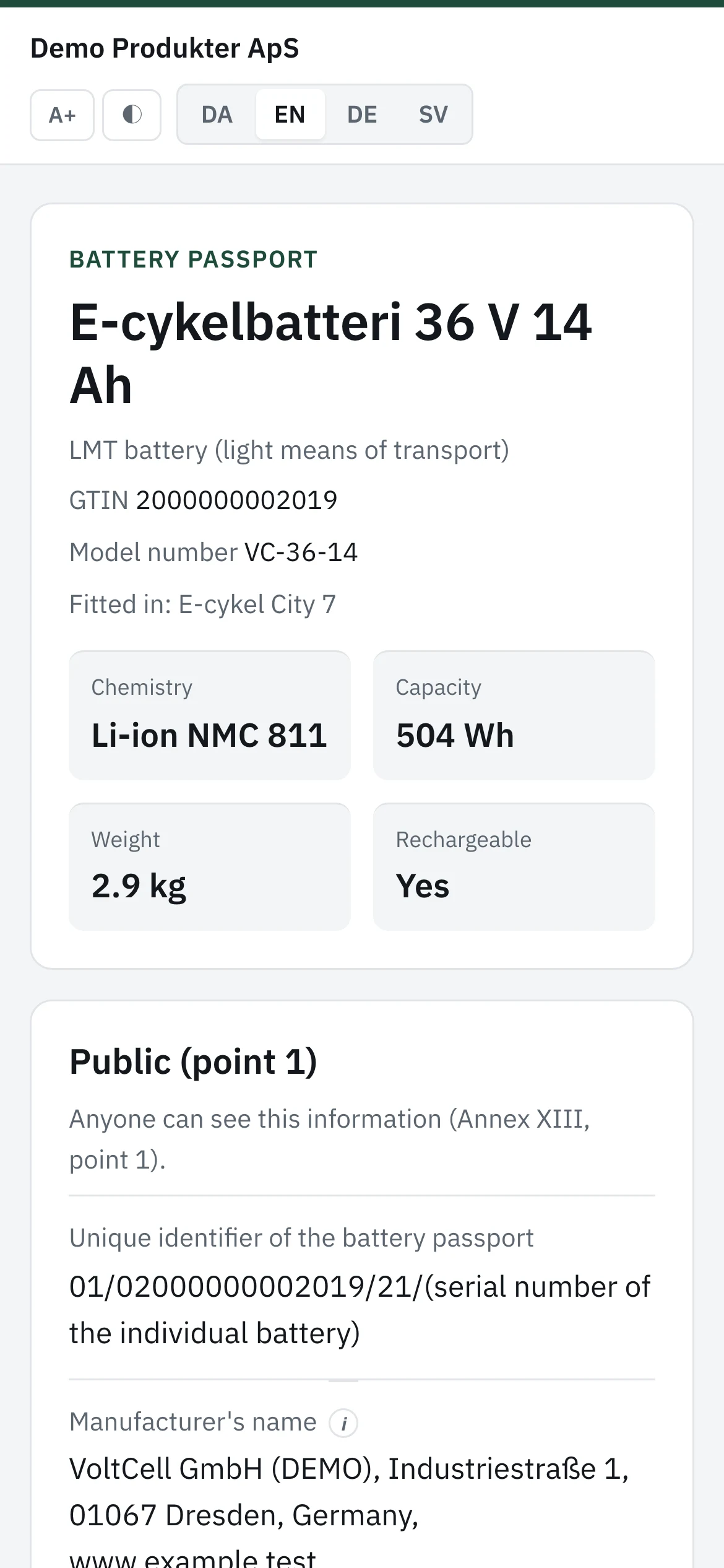The battery passport on a phone after scanning the QR code. Demo data.